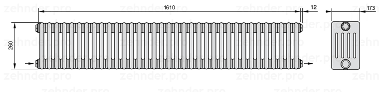 Схема (чертеж) Радиатор Zehnder Charleston 5026/35 №2670 Белый глянцевый RAL 9016